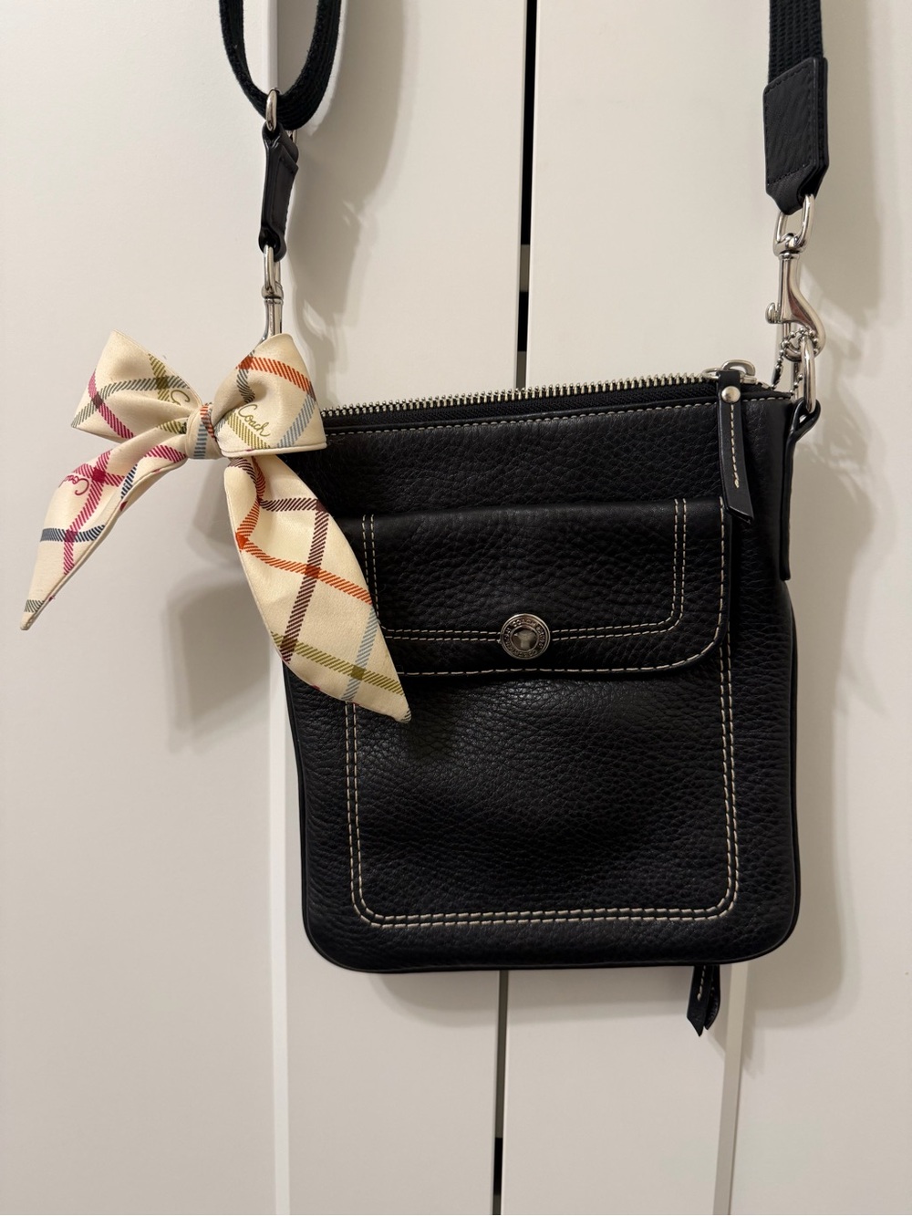 Coach Black Pebbled Leather Crossbody with Decorative Bow Scarf
